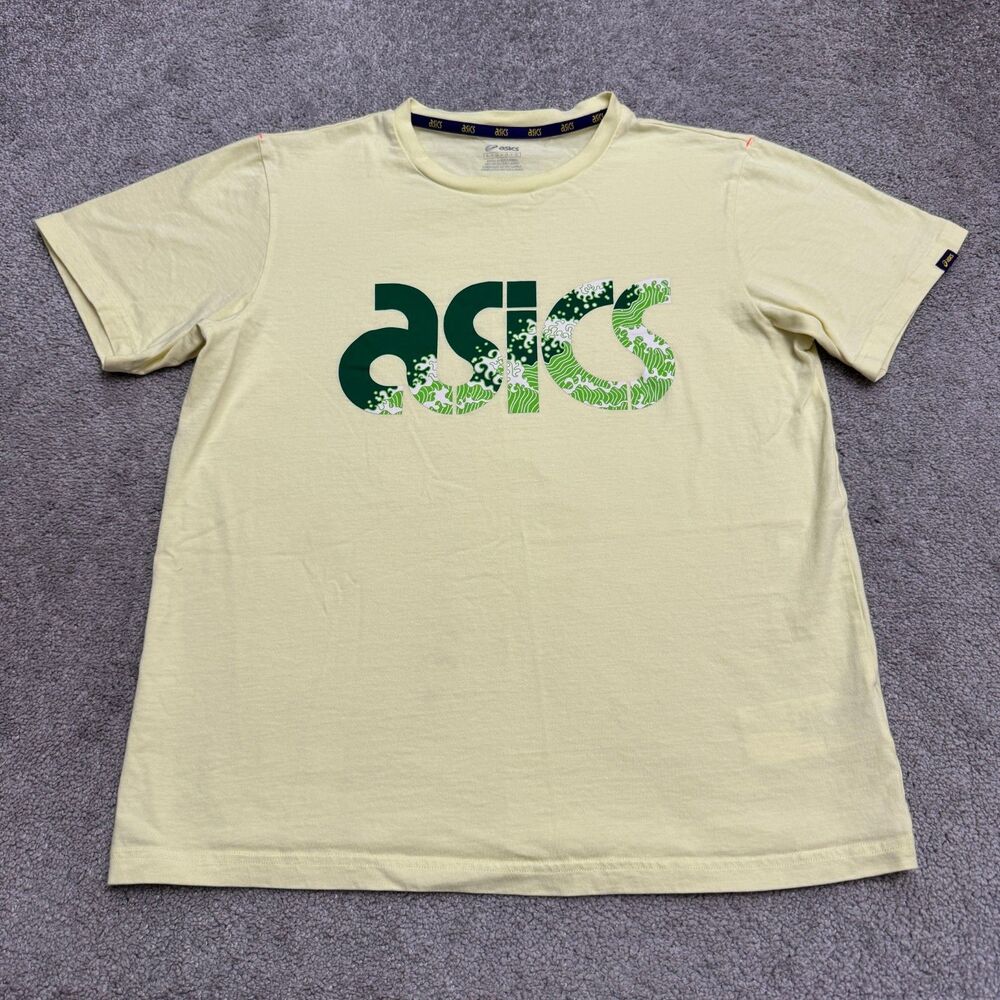 Asics Great Wave Logo Graphic T-Shirt Mens Large Yellow Short Sleeve Cotton Tee